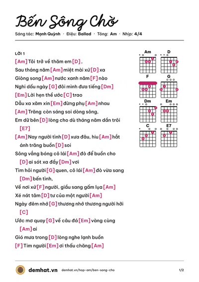 Hợp âm Bến Sông Chờ (Mạnh Quỳnh) – bản nhạc PDF trang 1, tông Am