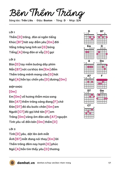 Hợp âm Bên Thềm Trăng (Trần Liêu) – bản nhạc PDF trang 1, tông D