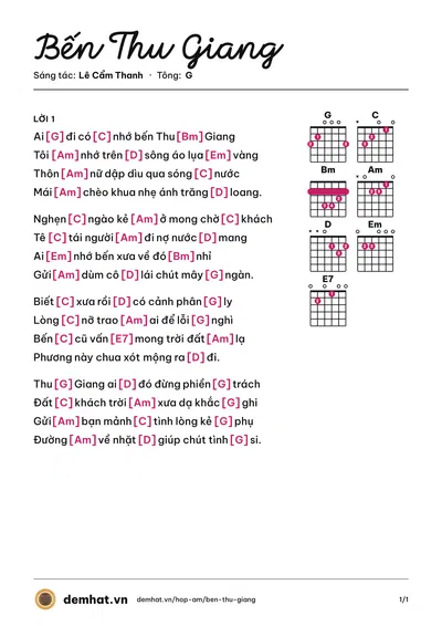 Hợp âm Bến Thu Giang (Bảo Yến) – bản nhạc PDF trang 1, tông G