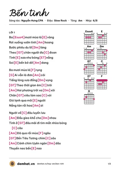 Hợp âm Bến tình (Ngọc Phương) – bản nhạc PDF trang 1, tông Am