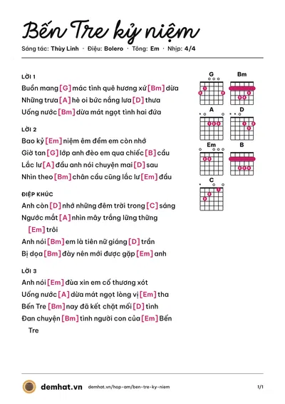 Hợp âm Bến Tre kỷ niệm (Tường Khuê) – bản nhạc PDF trang 1, tông Em