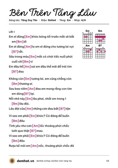 Hợp âm Bên Trên Tầng Lầu (Tăng Duy Tân) – bản nhạc PDF trang 1, tông Em