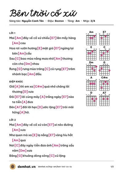 Hợp âm Bên trời cố xứ (Mỹ Dung) – bản nhạc PDF trang 1, tông Am