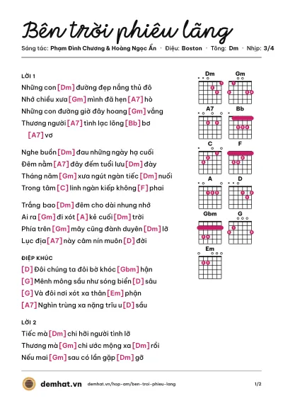 Hợp âm Bên trời phiêu lãng (Vũ Khanh) – bản nhạc PDF trang 1, tông Dm