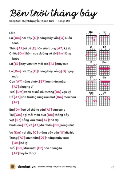 Hợp âm Bên trời tháng bảy (Quỳnh Lan) – bản nhạc PDF trang 1, tông Dm