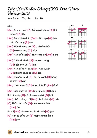 Hợp âm Bến Xe Miền Đông (999 Đoá Hoa Hồng Chế) (Long Đầu Bạc) – bản nhạc PDF trang 1, tông Am