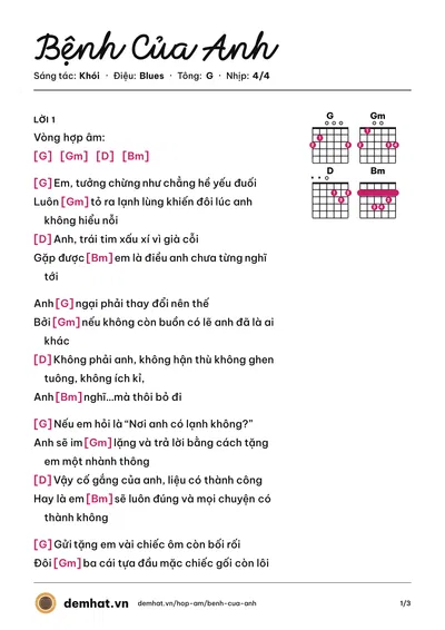 Hợp âm Bệnh Của Anh (Khói) – bản nhạc PDF trang 1, tông G