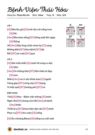 Hợp âm Bệnh Viện Thái Hòa (Tốp Ca) – bản nhạc PDF trang 1, tông G