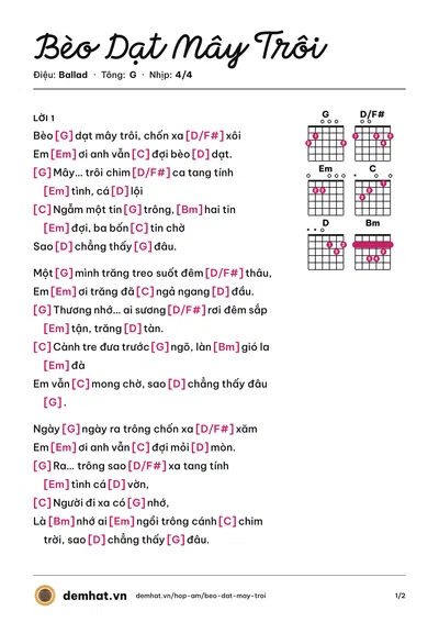 Hợp âm Bèo Dạt Mây Trôi (Tạ Quang Thắng) – bản nhạc PDF trang 1, tông G