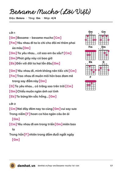 Hợp âm Besame Mucho (Lời Việt) (Quân Keyboard) – bản nhạc PDF trang 1, tông Gm