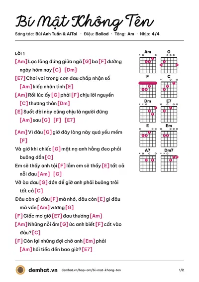 Hợp âm Bí Mật Không Tên (Bùi Anh Tuấn) – bản nhạc PDF trang 1, tông Am