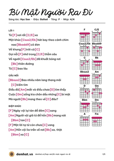 Hợp âm Bí Mật Người Ra Đi (Hạc San) – bản nhạc PDF trang 1, tông F