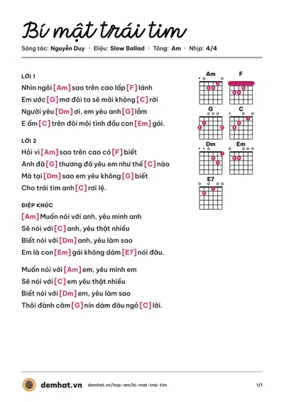 Hợp âm Bí mật trái tim (Trương Y Du) – bản nhạc PDF trang 1, tông Am