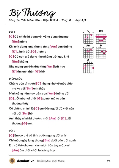Hợp âm Bị Thương (Đan Hữu) – bản nhạc PDF trang 1, tông G