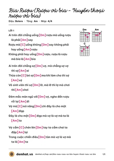 Hợp âm Bia Rượu (Rượu và bia - Huyền thoại rượu và bia) – bản nhạc PDF trang 1, tông Am