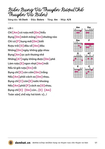 Hợp âm Biển Bụng Và Thuyền Rượu(Chế Thuyền Và Biển) (Vô Danh) – bản nhạc PDF trang 1, tông Am