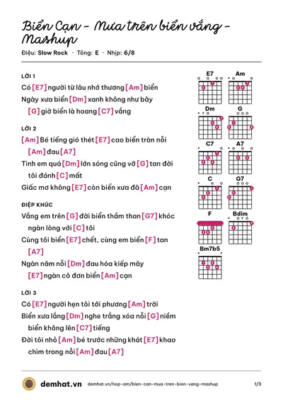 Hợp âm Biển Cạn - Mưa trên biển vắng - Mashup – bản nhạc PDF trang 1, tông E