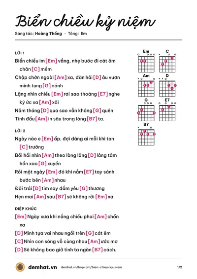 Hợp âm Biển chiều kỷ niệm (Hoàng Thống) – bản nhạc PDF trang 1, tông Em