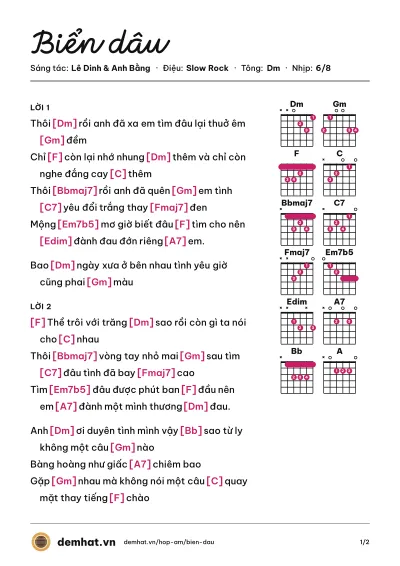 Hợp âm Biển dâu (Như Quỳnh) – bản nhạc PDF trang 1, tông Dm