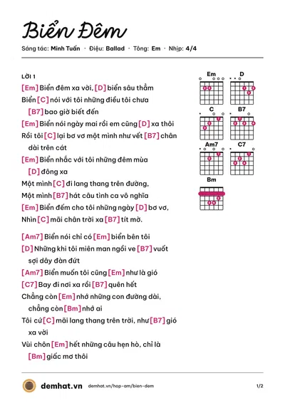 Hợp âm Biển Đêm (Minh Tuấn) – bản nhạc PDF trang 1, tông Em