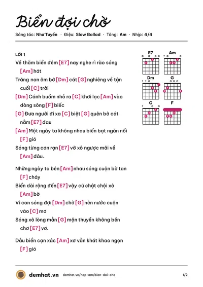 Hợp âm Biển đợi chờ (Phương Thùy) – bản nhạc PDF trang 1, tông Am