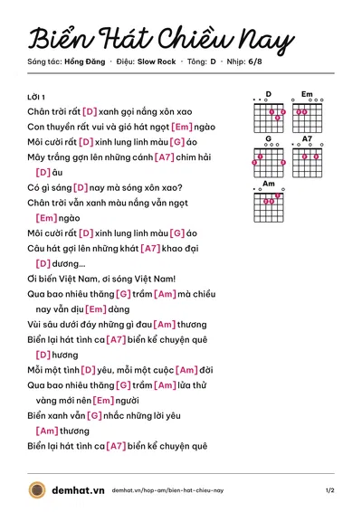 Hợp âm Biển Hát Chiều Nay (Phương Nga) – bản nhạc PDF trang 1, tông D