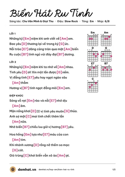 Hợp âm Biển Hát Ru Tình (Chu Văn Minh) – bản nhạc PDF trang 1, tông Em