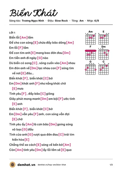 Hợp âm Biển Khát (Mỹ Linh) – bản nhạc PDF trang 1, tông Am