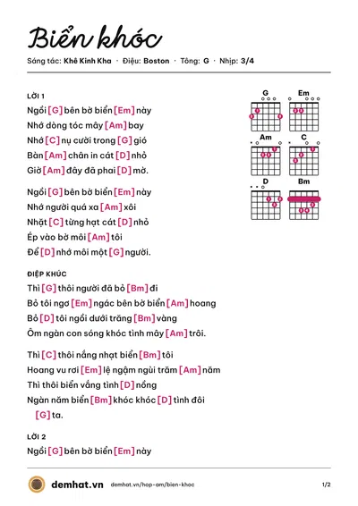 Hợp âm Biển khóc (Khê Kinh Kha) – bản nhạc PDF trang 1, tông G