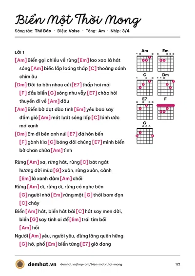 Hợp âm Biển Một Thời Mong (Mắt Ngọc) – bản nhạc PDF trang 1, tông Am