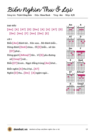 Hợp âm Biển Nghìn Thu Ở Lại (Quang Dũng) – bản nhạc PDF trang 1, tông Am
