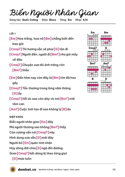 Hợp âm Biển Người Nhân Gian (Đan Trường) – bản nhạc PDF trang 1, tông Em