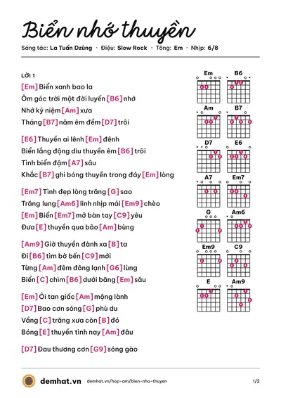 Hợp âm Biển nhớ thuyền (La Tuấn Dzũng) – bản nhạc PDF trang 1, tông Em