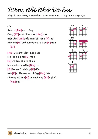 Hợp âm Biển, Nỗi Nhớ Và Em (Đàm Vĩnh Hưng) – bản nhạc PDF trang 1, tông Am