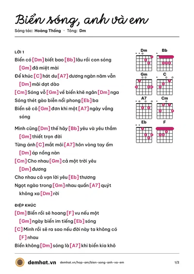 Hợp âm Biển sóng, anh và em (Hoàng Thống) – bản nhạc PDF trang 1, tông Dm