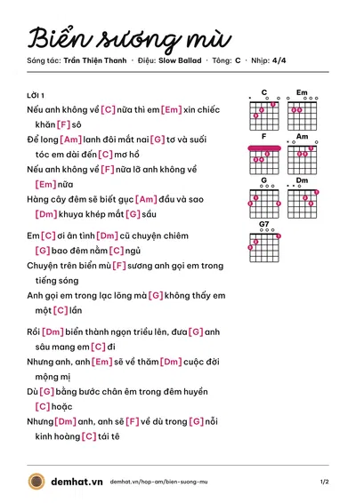 Hợp âm Biển sương mù (Nhật Trường (trước 75)) – bản nhạc PDF trang 1, tông C