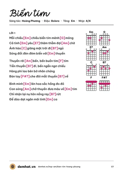 Hợp âm Biển tím (Hoàng Phương) – bản nhạc PDF trang 1, tông Em