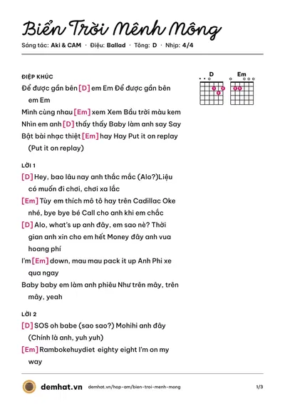 Hợp âm Biển Trời Mênh Mông (Aki) – bản nhạc PDF trang 1, tông D