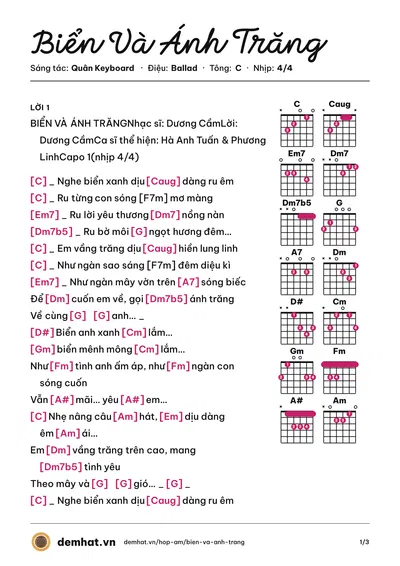 Hợp âm Biển Và Ánh Trăng (Hà Anh Tuấn) – bản nhạc PDF trang 1, tông C