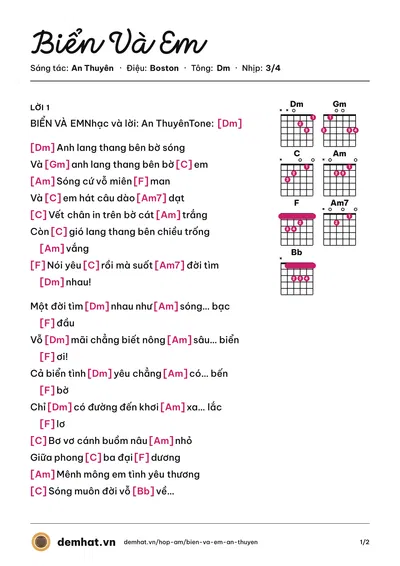 Hợp âm Biển Và Em (Tấn Minh) – bản nhạc PDF trang 1, tông Dm