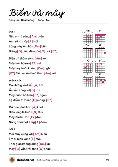 Hợp âm Biển và mây (Việt Phương) – bản nhạc PDF trang 1, tông Am