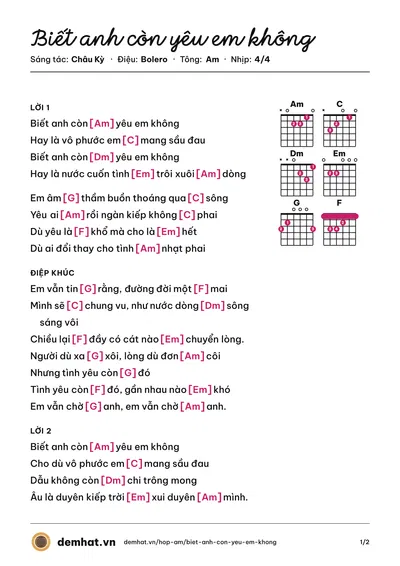 Hợp âm Biết anh còn yêu em không (Hồng Trúc) – bản nhạc PDF trang 1, tông Am