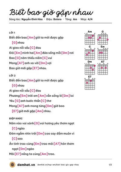 Hợp âm Biết bao giờ gặp nhau (Tâm Thư) – bản nhạc PDF trang 1, tông Am