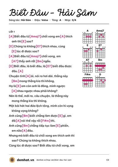 Hợp âm Biết Đâu - Hải Sâm (Hải Sâm) – bản nhạc PDF trang 1, tông A