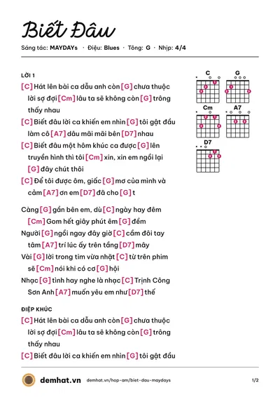 Hợp âm Biết Đâu (Nguyễn Hưng) – bản nhạc PDF trang 1, tông G