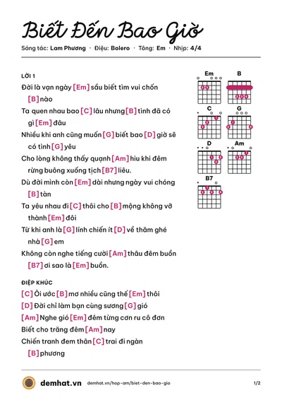Hợp âm Biết Đến Bao Giờ (Như Quỳnh) – bản nhạc PDF trang 1, tông Em