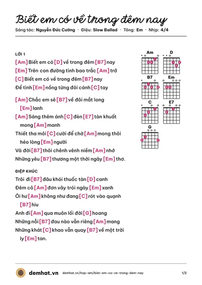 Hợp âm Biết em có về trong đêm nay (Quang Tuấn) – bản nhạc PDF trang 1, tông Em