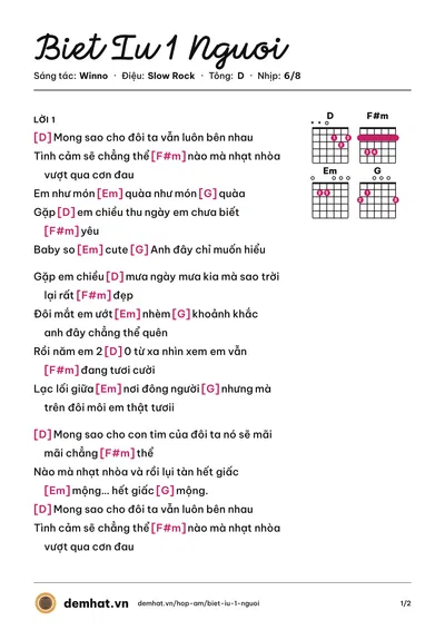 Hợp âm Biet Iu 1 Nguoi (Winno) – bản nhạc PDF trang 1, tông D