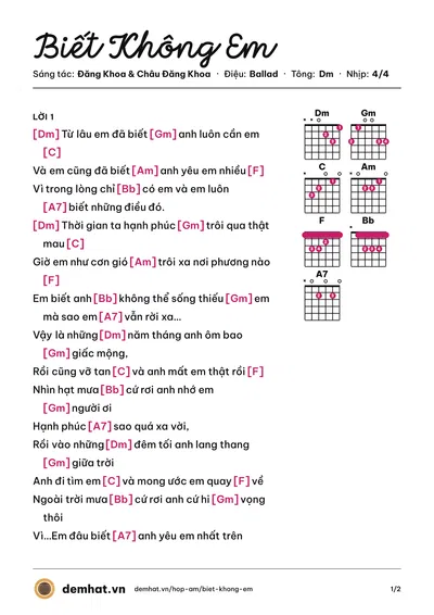 Hợp âm Biết Không Em (Chi Dân) – bản nhạc PDF trang 1, tông Dm