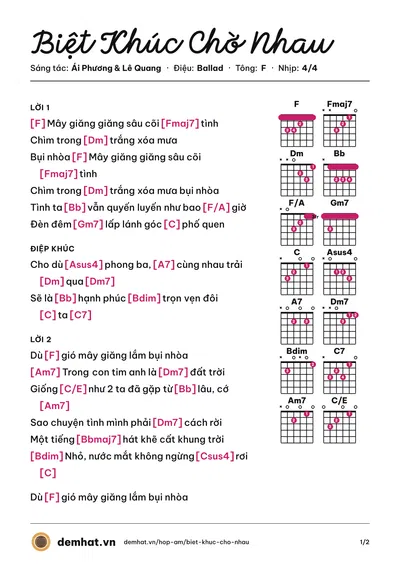 Hợp âm Biệt Khúc Chờ Nhau (Ái Phương) – bản nhạc PDF trang 1, tông F
